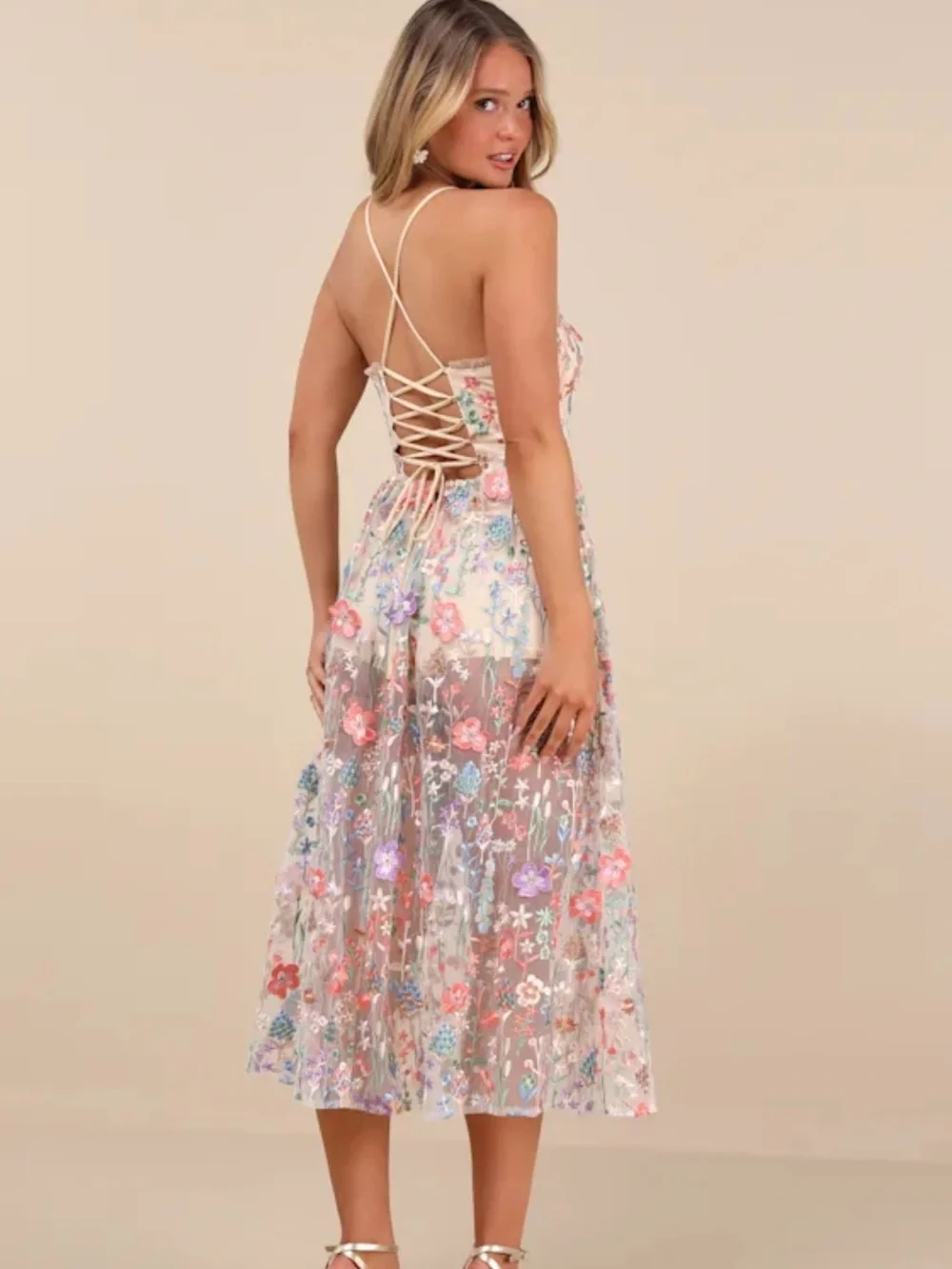 Mahryn Beige 3D Floral Embroidered Midi Bodysuit Dress - Picture 2 of 10